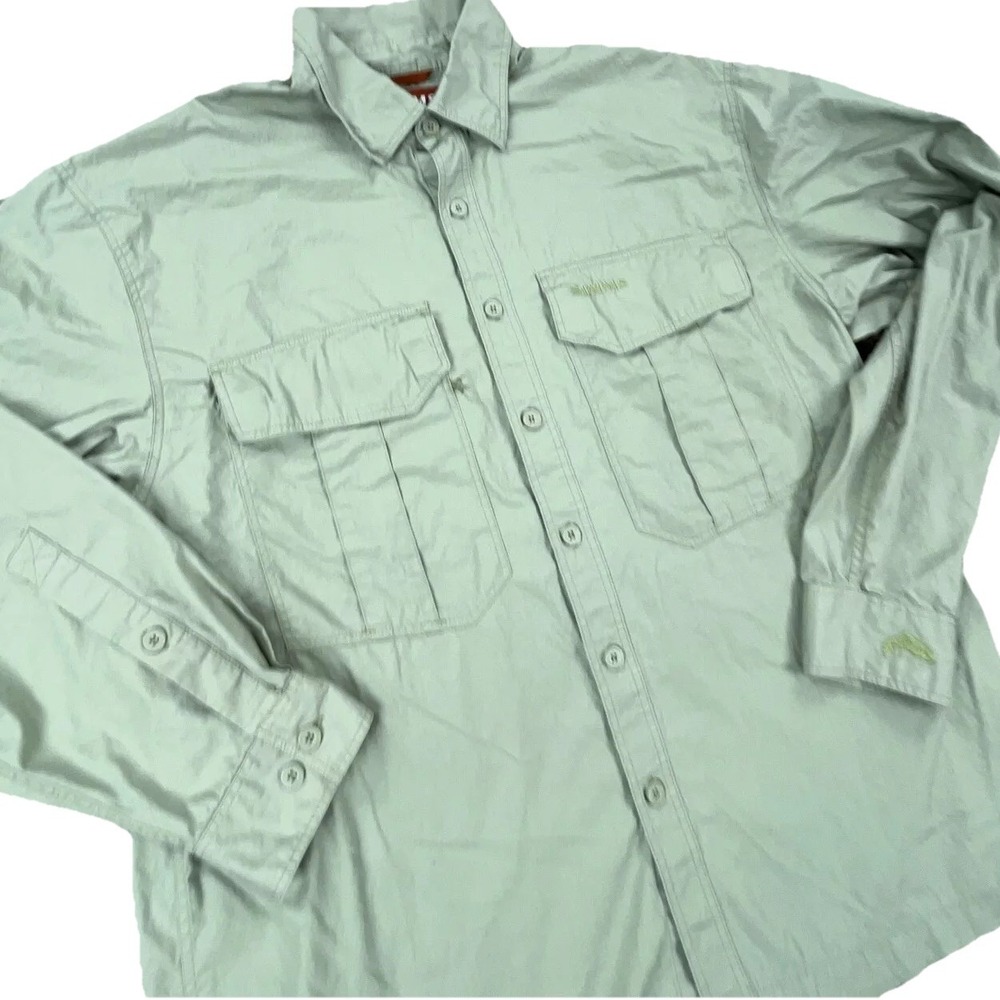 Simms Shirt Men Medium Green Button Up Outdoors Fishing Camp Pockets Adult - Picture 5 of 9